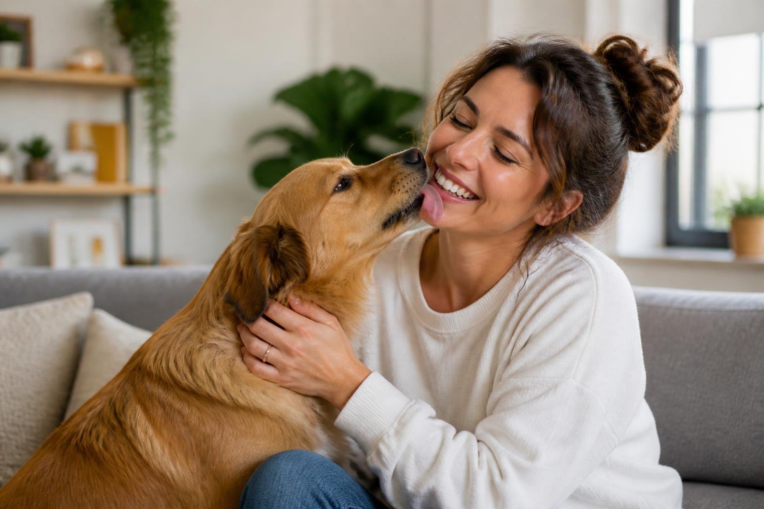 A woman smiling as a friendly dog gently licks her face in a bright and comfortable living room.