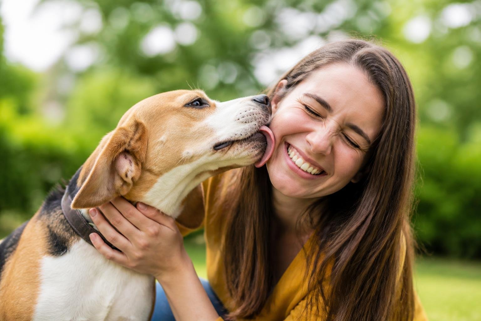 A person smiling as a dog gently licks their face outdoors with greenery in the background.