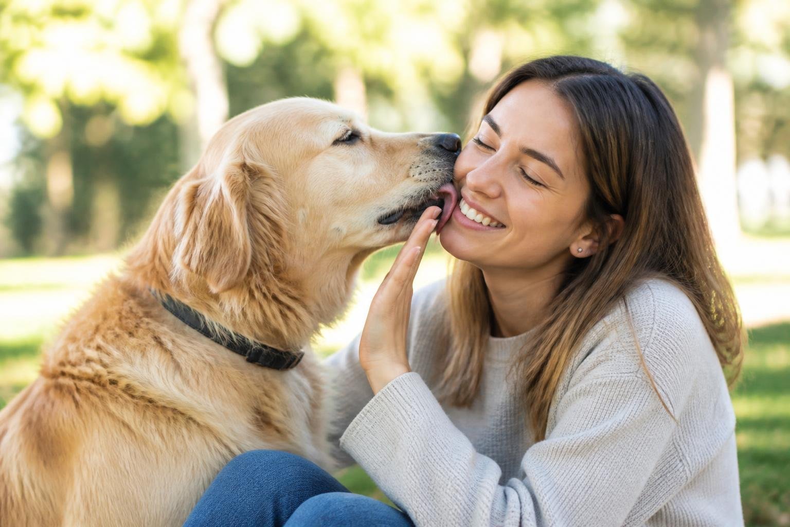 A person gently redirecting a friendly dog that is licking their face outdoors.