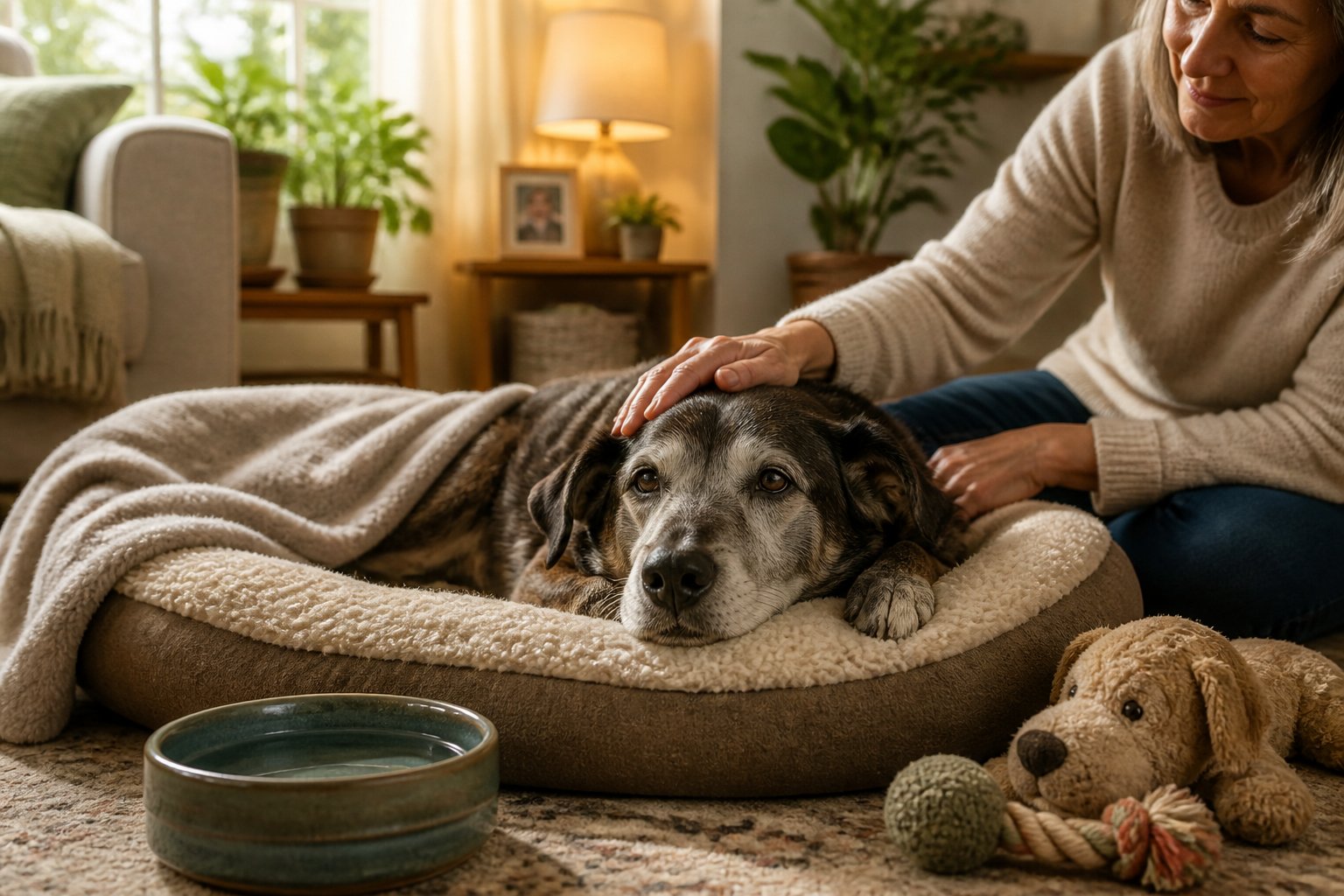 A senior dog resting on a cozy bed indoors while a person gently pets it in a calm living room.