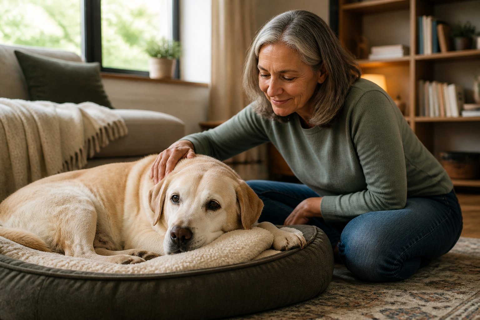 A senior Labrador Retriever resting on a dog bed while a person gently pets it in a cozy living room.