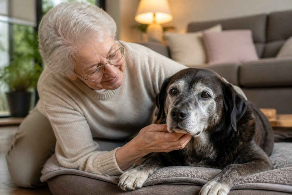 An elderly person gently petting a senior dog resting on a soft blanket in a cozy living room.