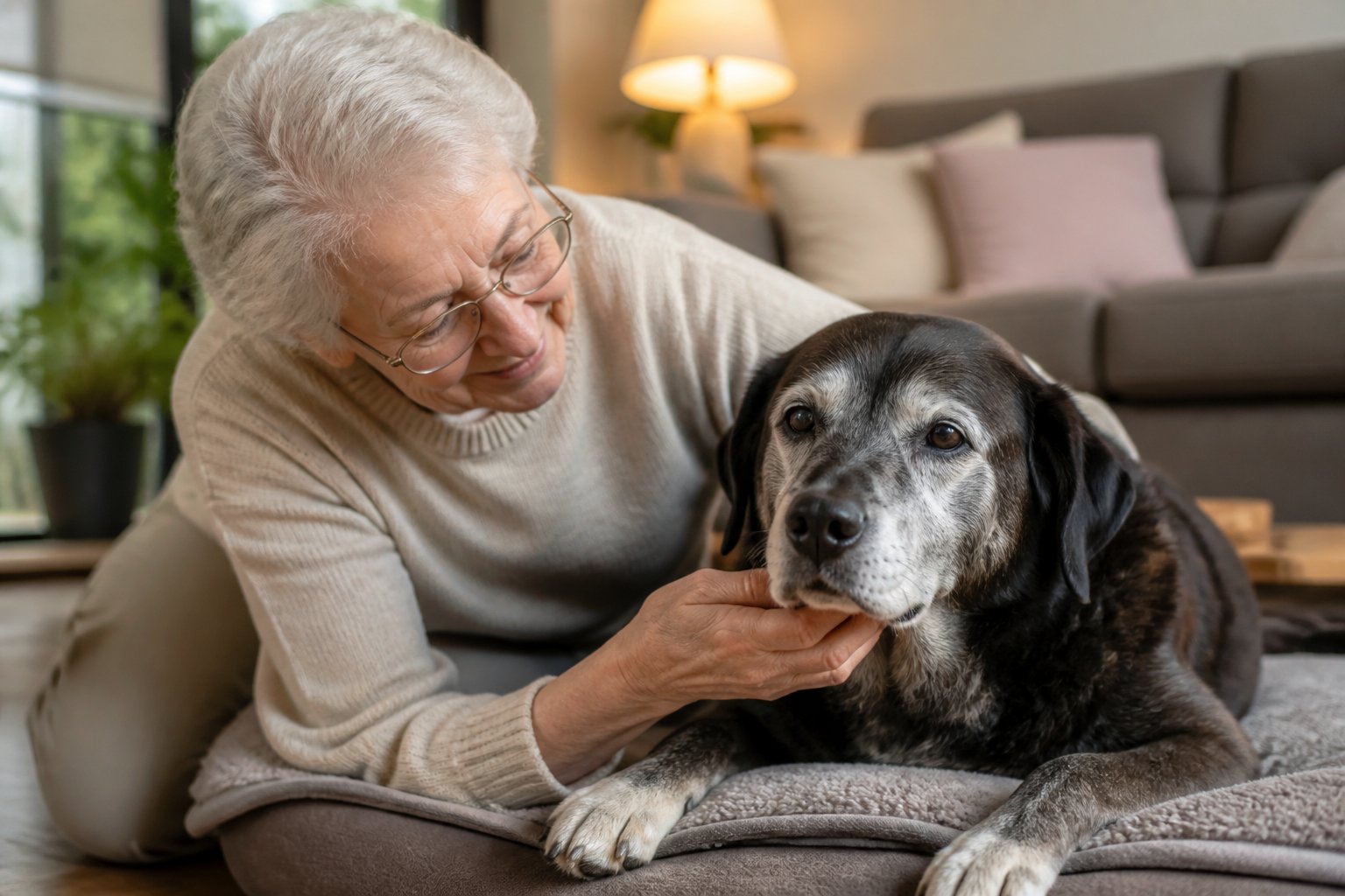 An elderly person gently petting a senior dog resting on a soft blanket in a cozy living room.