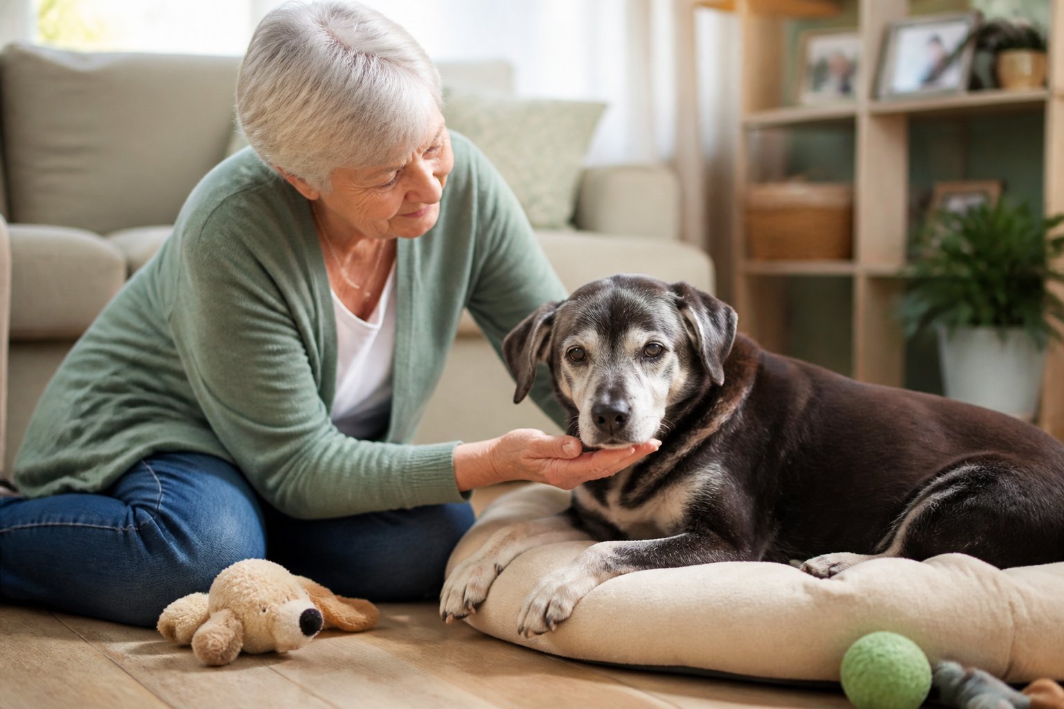 An elderly person gently reaching out to a calm senior dog sitting on the living room floor.