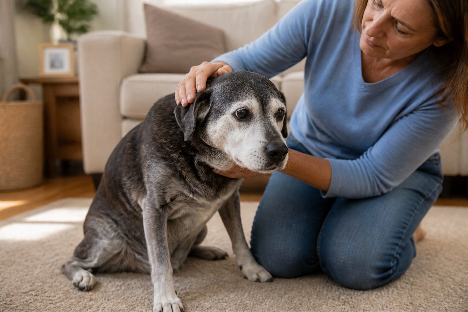 An elderly dog looking anxious while a person gently pets it in a cozy living room.