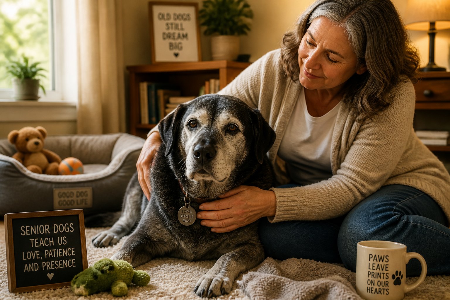 A senior dog sitting calmly next to a person gently petting it in a cozy living room.