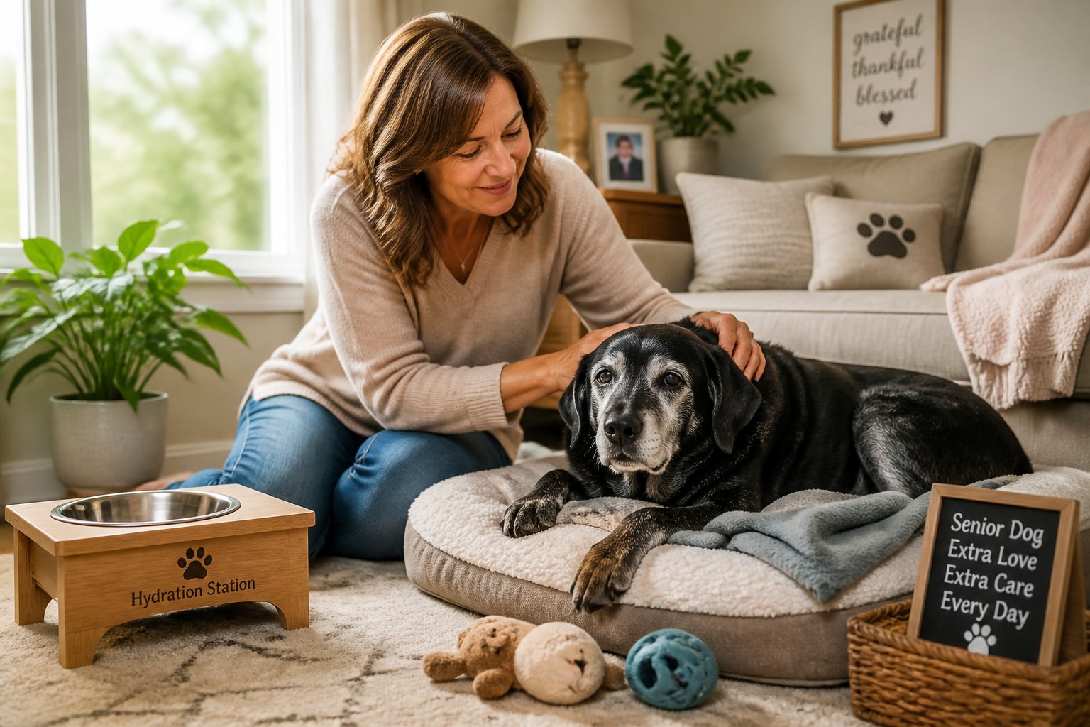 A senior dog resting on a cozy bed while a person gently pets it in a calm living room.