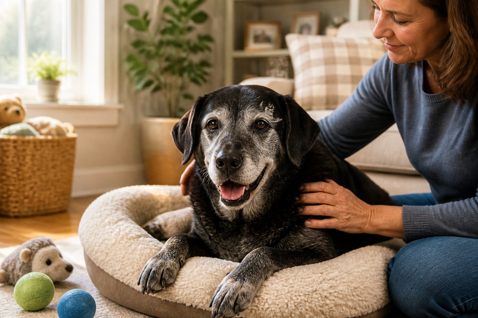 A senior dog resting on a soft bed while a person gently pets it in a cozy living room.