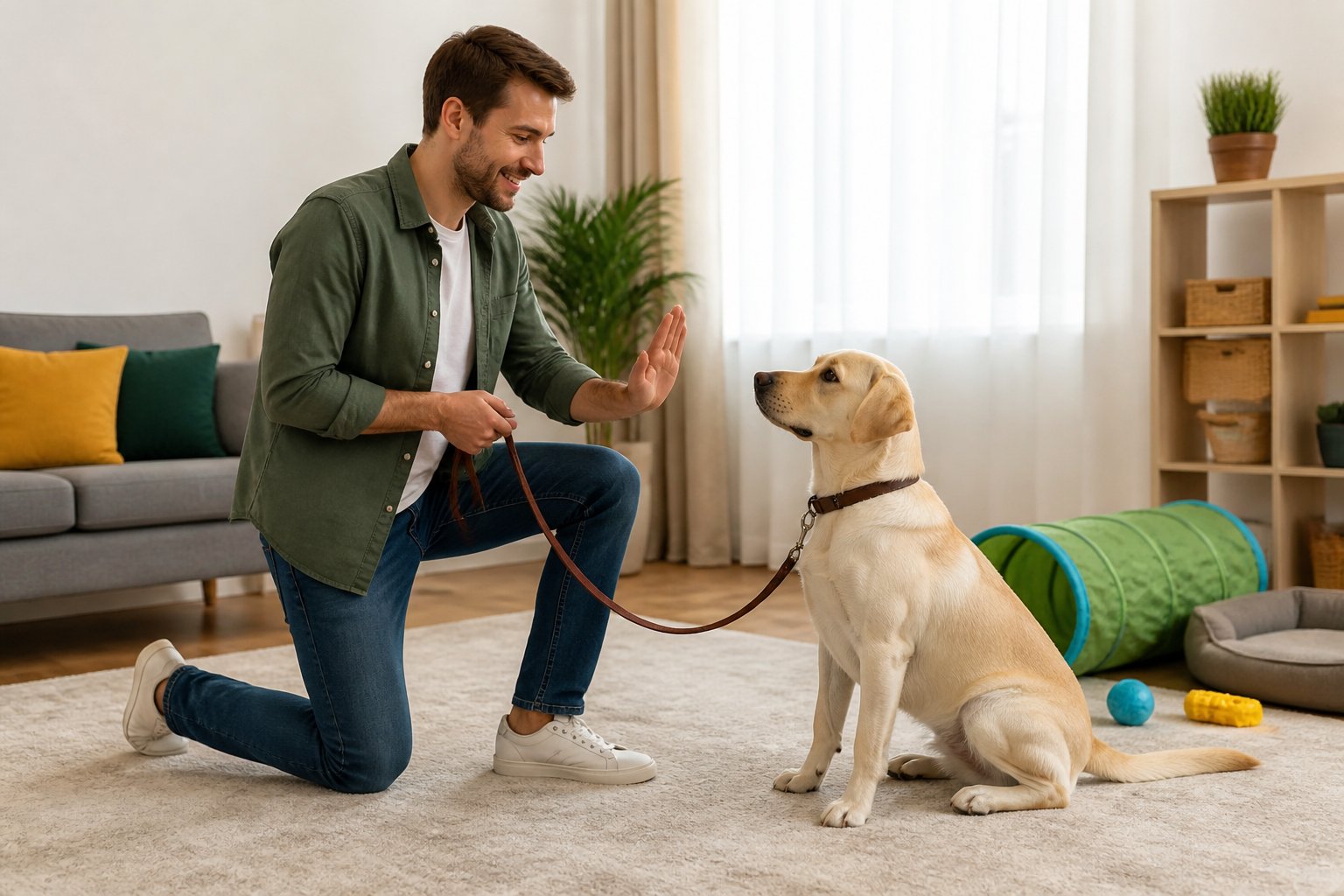 A person calmly holding a dog on a leash as the dog sits obediently in a living room.