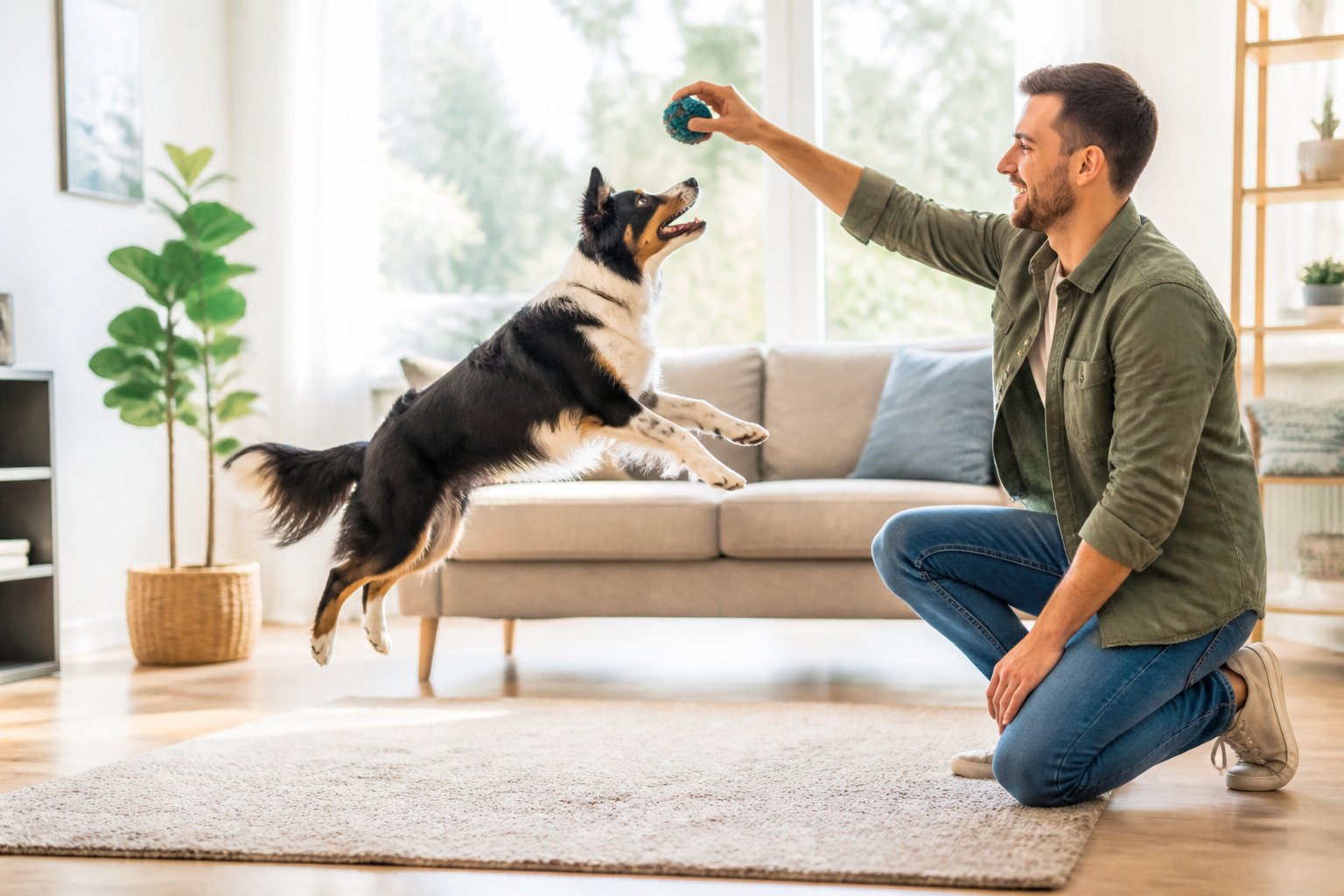 A dog jumping up towards a person holding a treat in a bright living room.