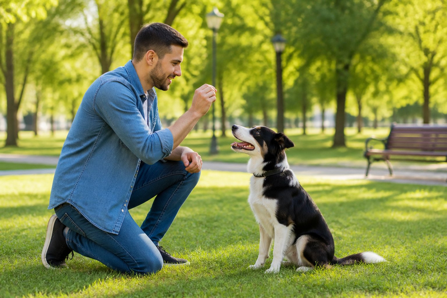 A dog owner training a medium-sized dog sitting calmly in a park, holding a treat and showing attentive body language.