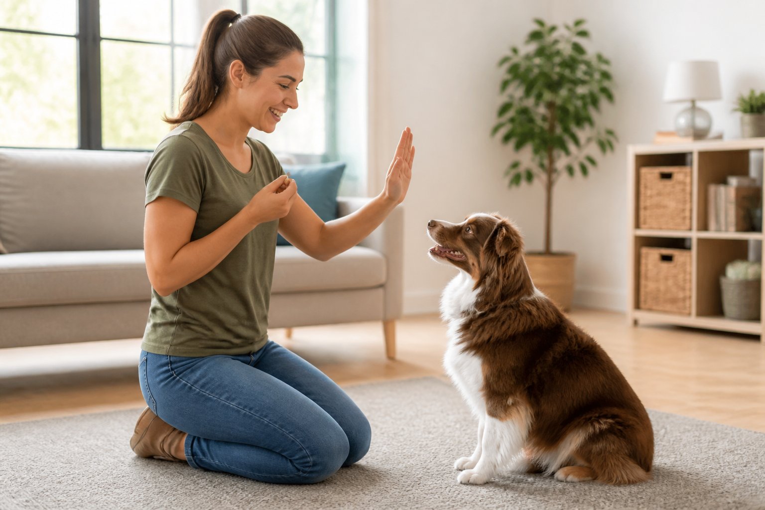 A dog sitting calmly and looking up at a smiling person holding a treat and giving a hand signal indoors.