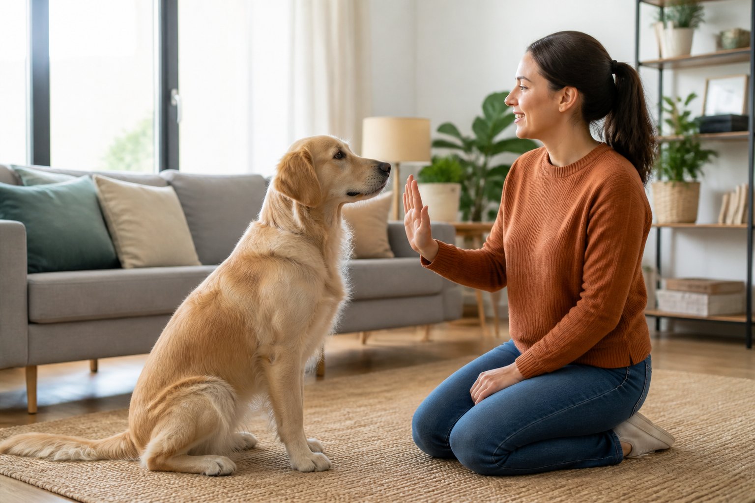 A person calmly signaling a dog to stay while the dog sits obediently in a living room.