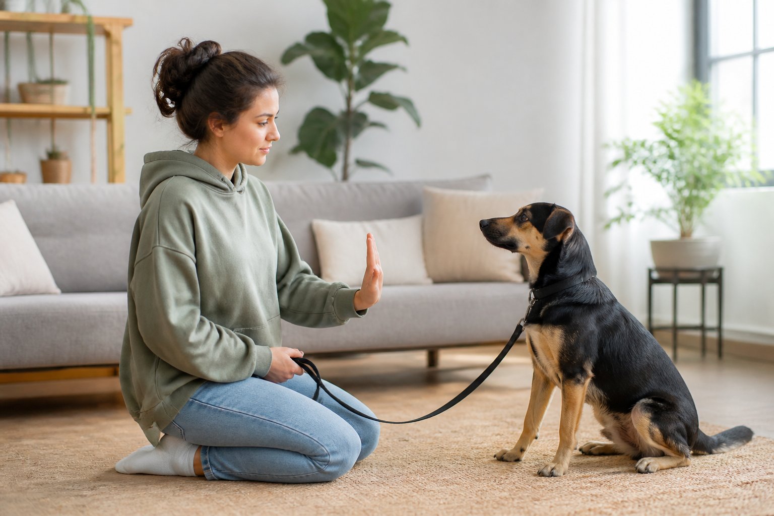 A person training a dog to sit calmly indoors, with the dog sitting attentively beside them.