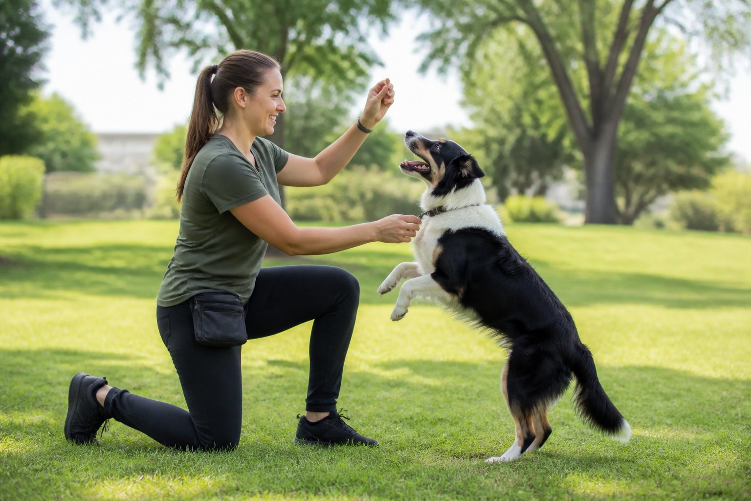 A dog trainer calmly holding a medium-sized dog that is trying to jump, in a green park setting.
