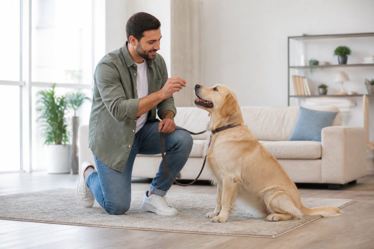 A person giving a treat to a calm dog sitting obediently indoors.