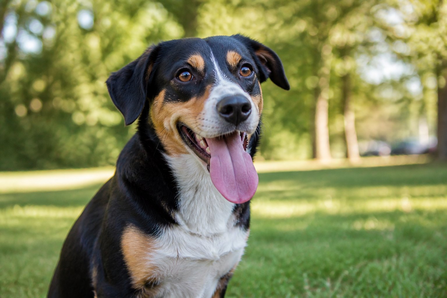 A medium-sized dog panting with its tongue out while sitting on grass in a sunny park.
