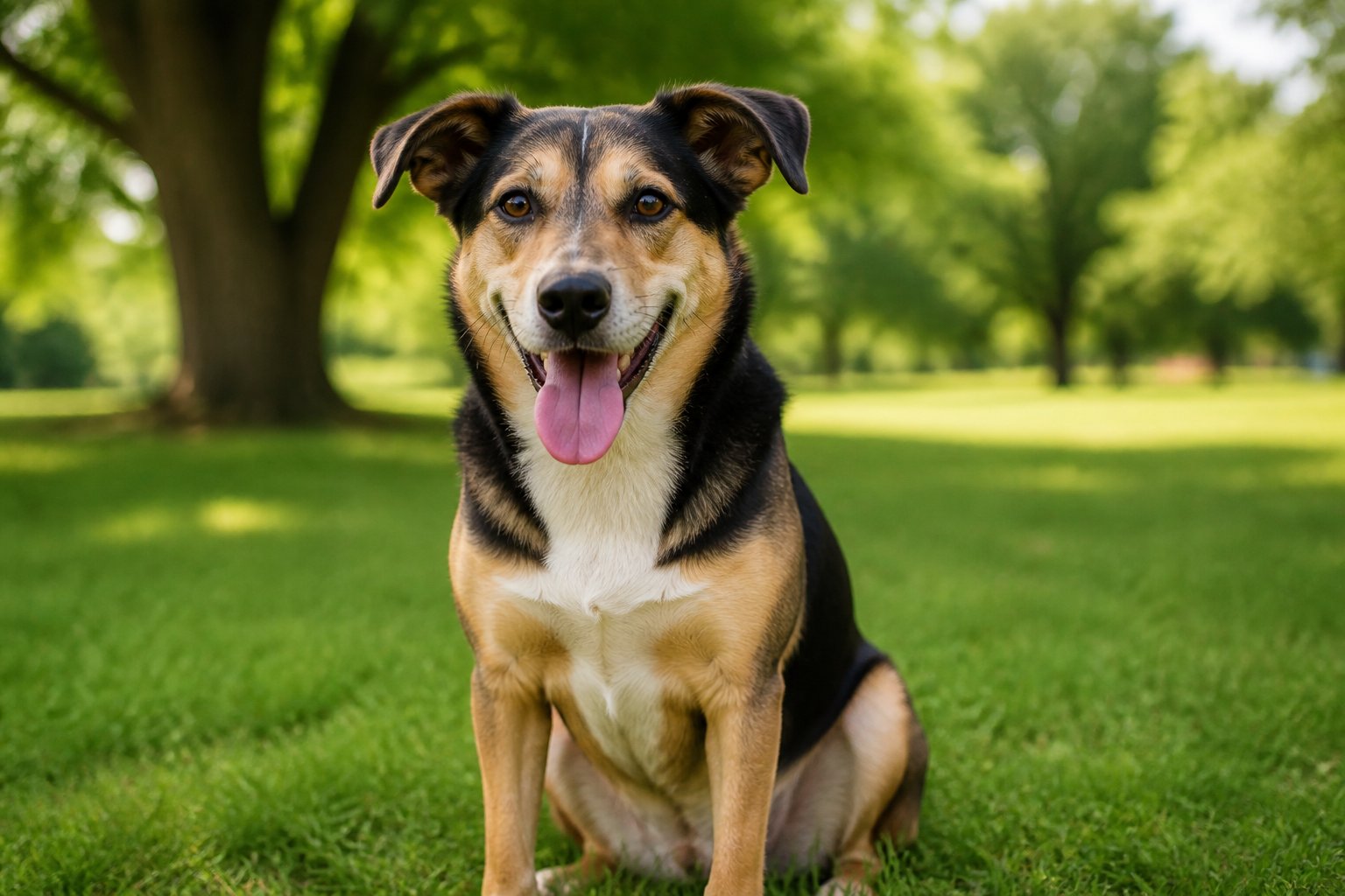 A medium-sized dog panting with its tongue out, sitting outdoors in a green park on a sunny day.