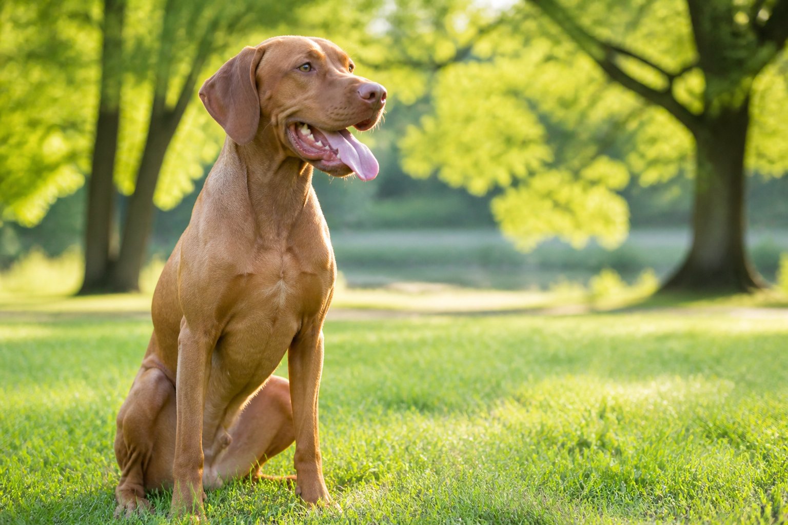 A medium-sized dog panting with its tongue out while sitting on grass outdoors on a sunny day.