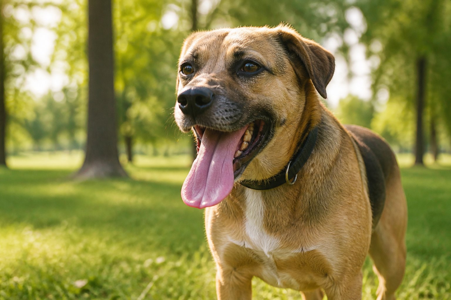 A medium-sized dog panting heavily outdoors in a green park on a sunny day.