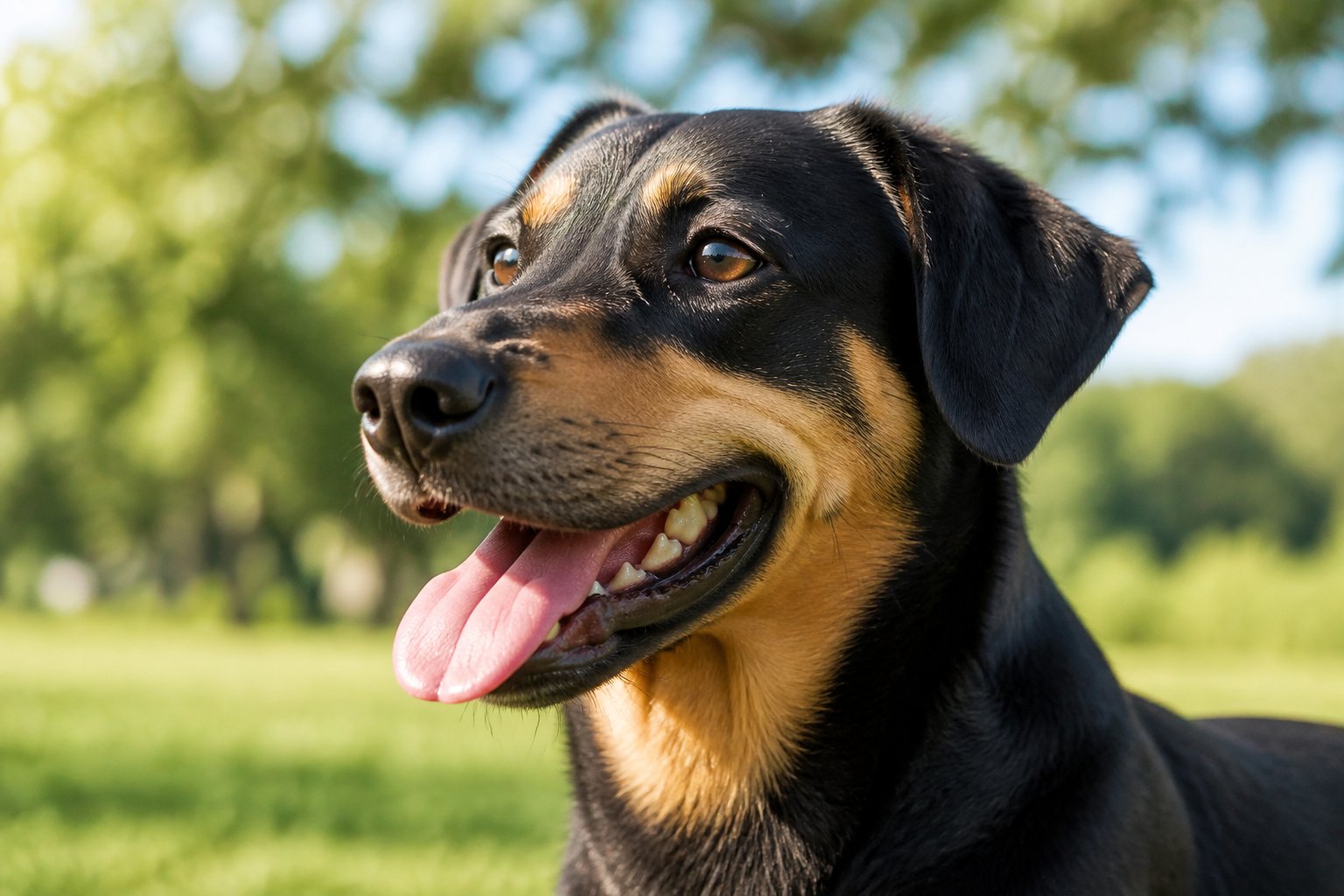 Close-up of a healthy dog panting outdoors on a sunny day with green grass and trees in the background.