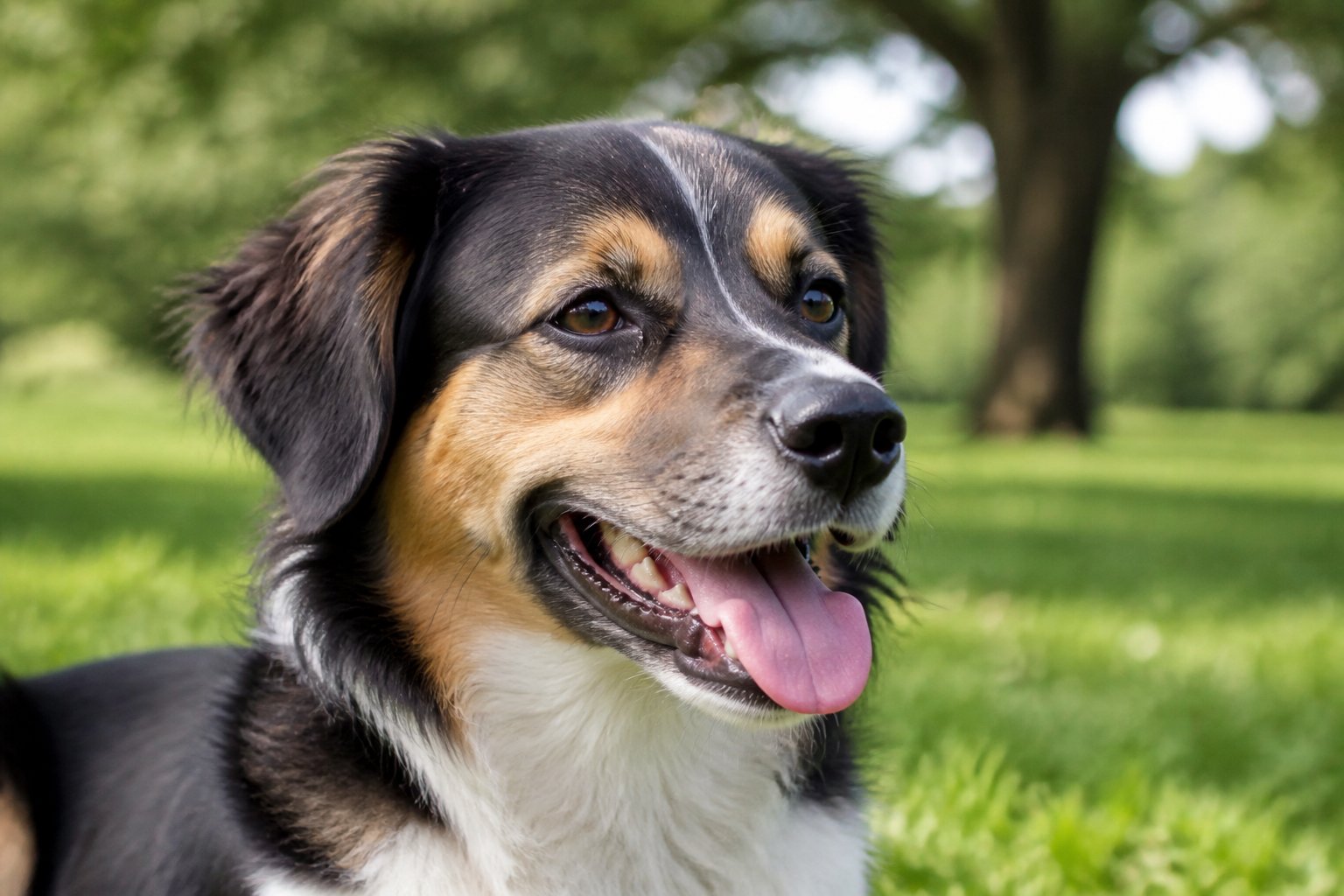 A medium-sized dog panting calmly outdoors in a green natural setting on a sunny day.