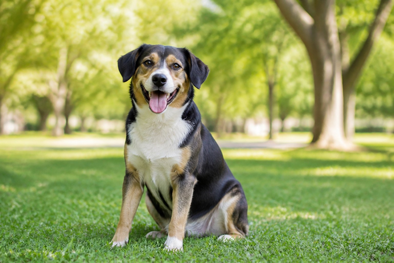 A medium-sized dog sitting on grass outdoors, panting with its tongue out on a sunny day.