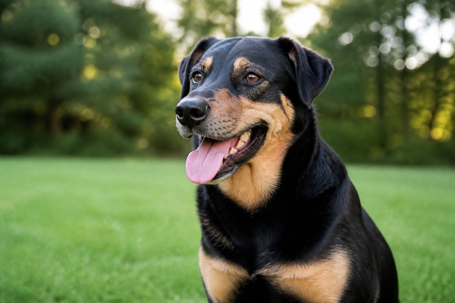 A medium-sized dog panting outdoors on green grass with trees in the background.