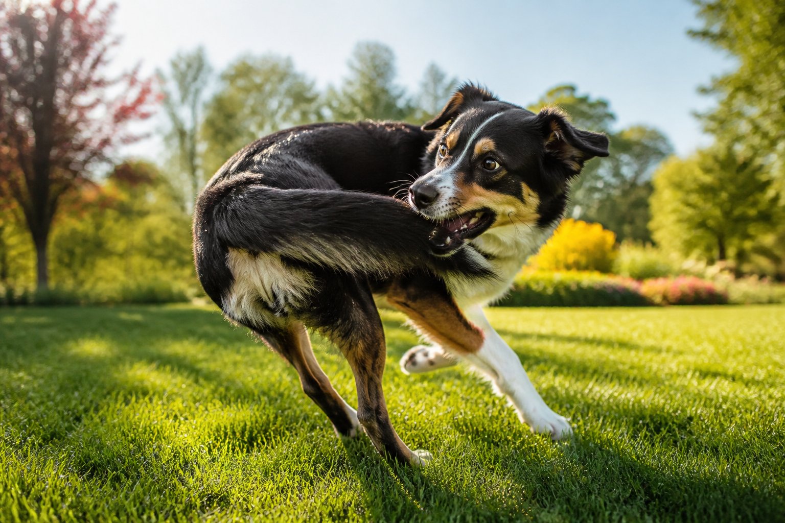 A dog chasing its tail in a sunny park with green grass and trees.