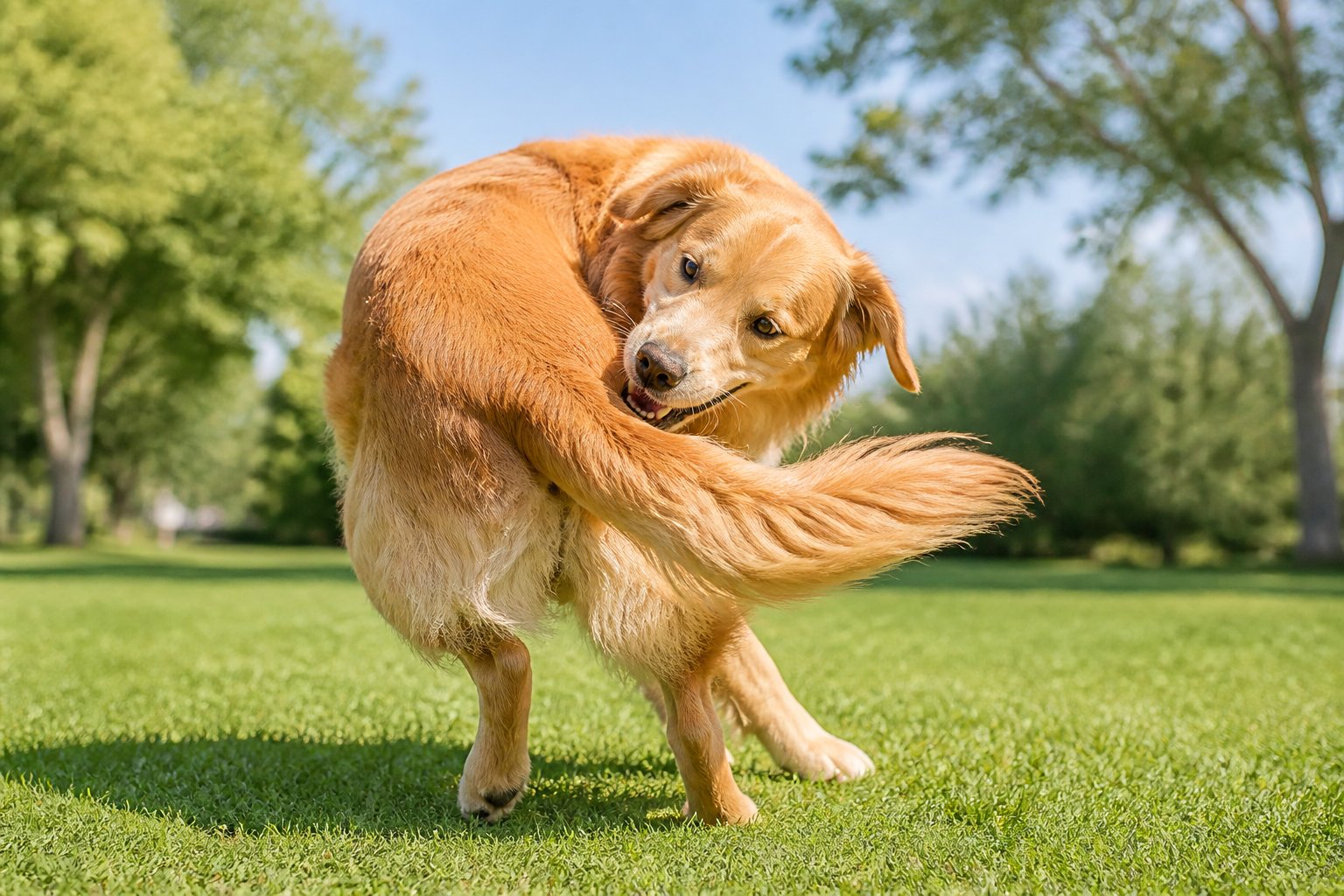A dog playfully chasing its tail on green grass in a sunny park.
