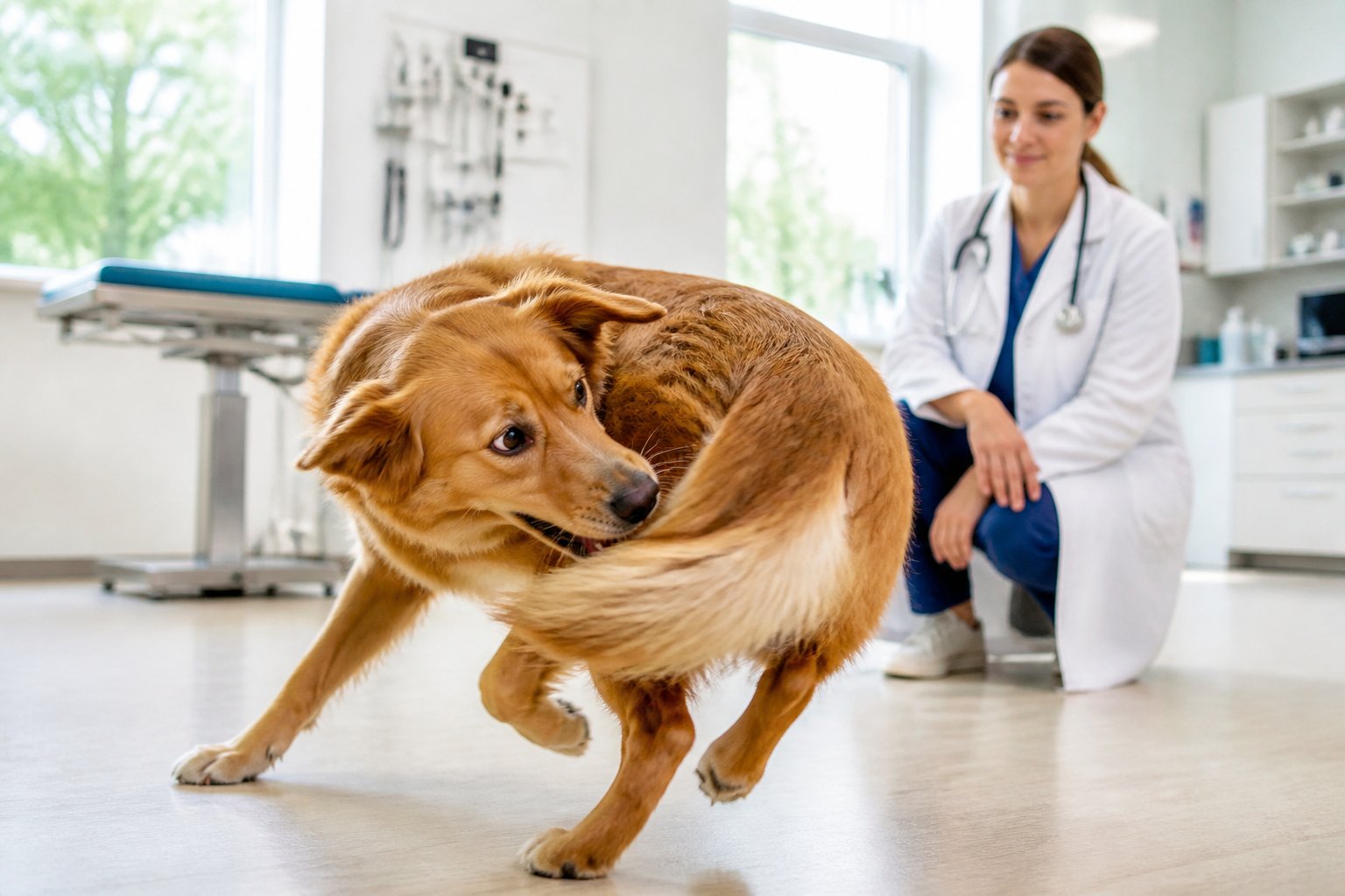 A dog playfully chasing its tail inside a veterinary clinic while a veterinarian watches nearby.