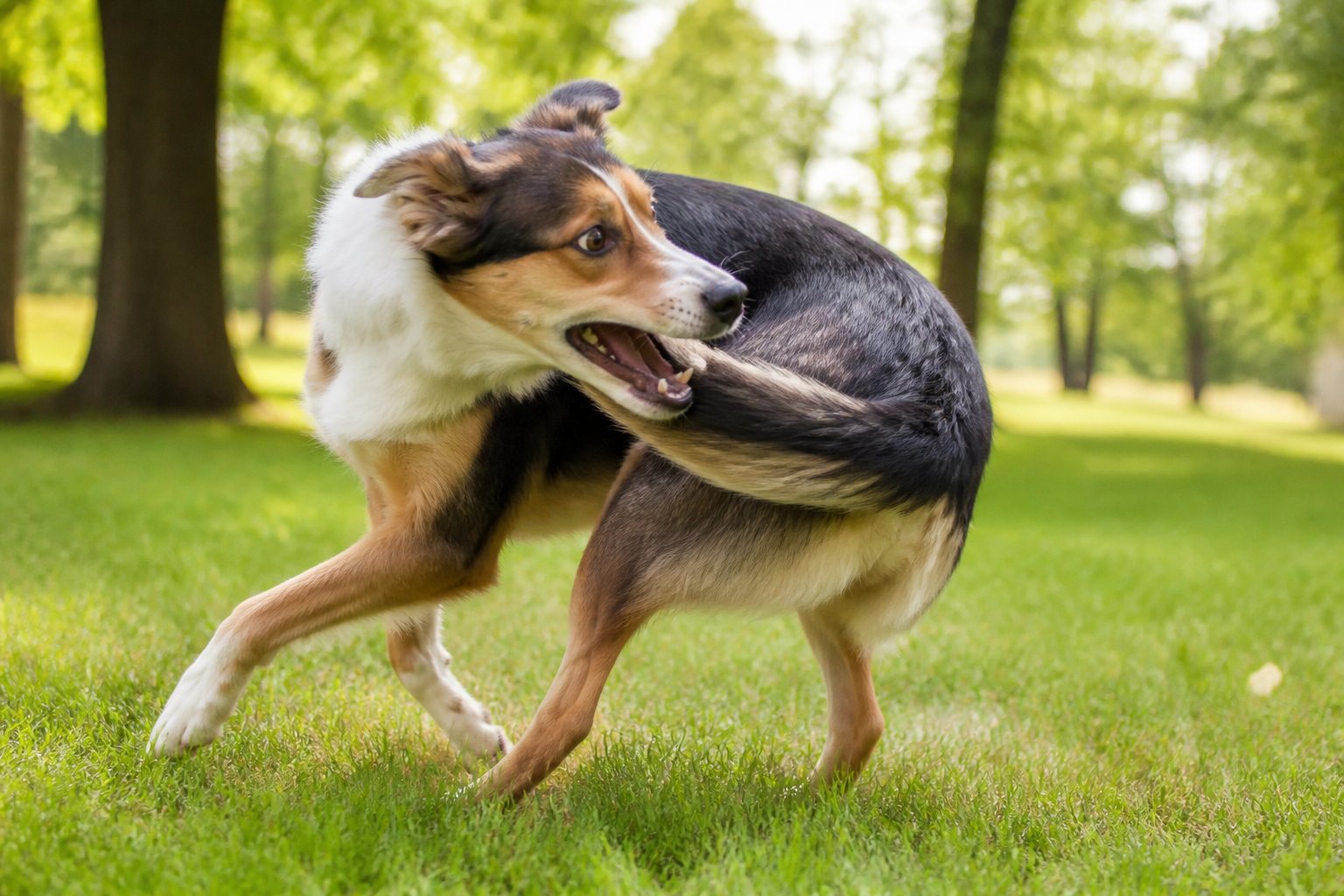 A dog chasing its tail in a green park with trees and sunlight.