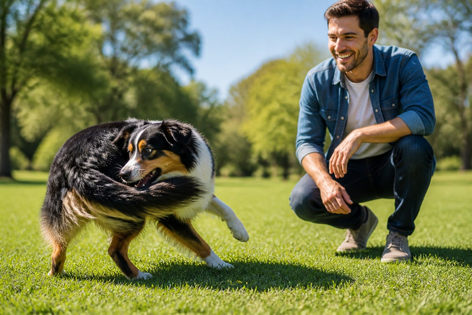 A dog chasing its tail outdoors while its owner watches and smiles nearby.