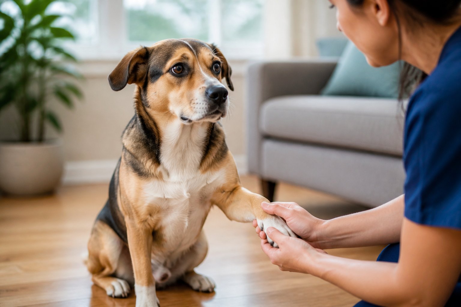 A medium-sized dog sitting indoors with a concerned expression while a person gently holds its paw.
