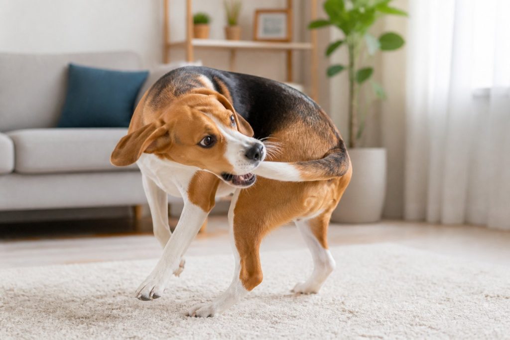 A medium-sized dog chasing its tail in a bright living room.
