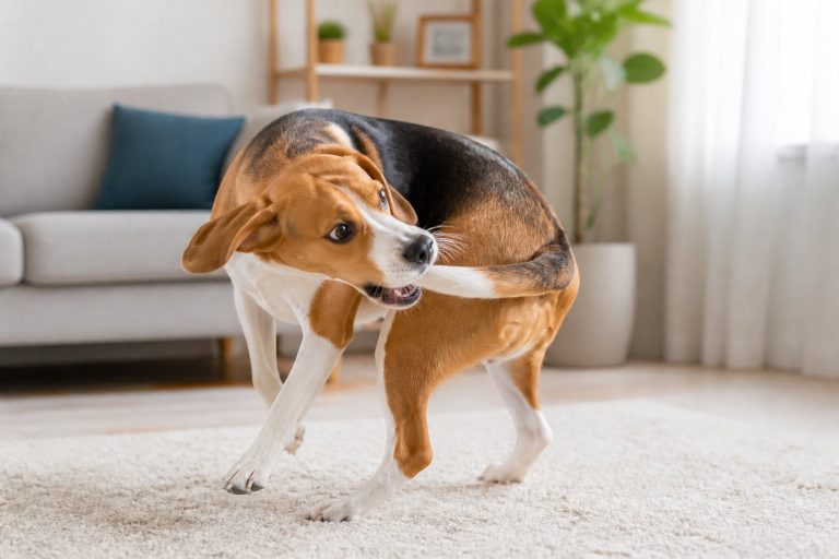 A medium-sized dog chasing its tail in a bright living room.