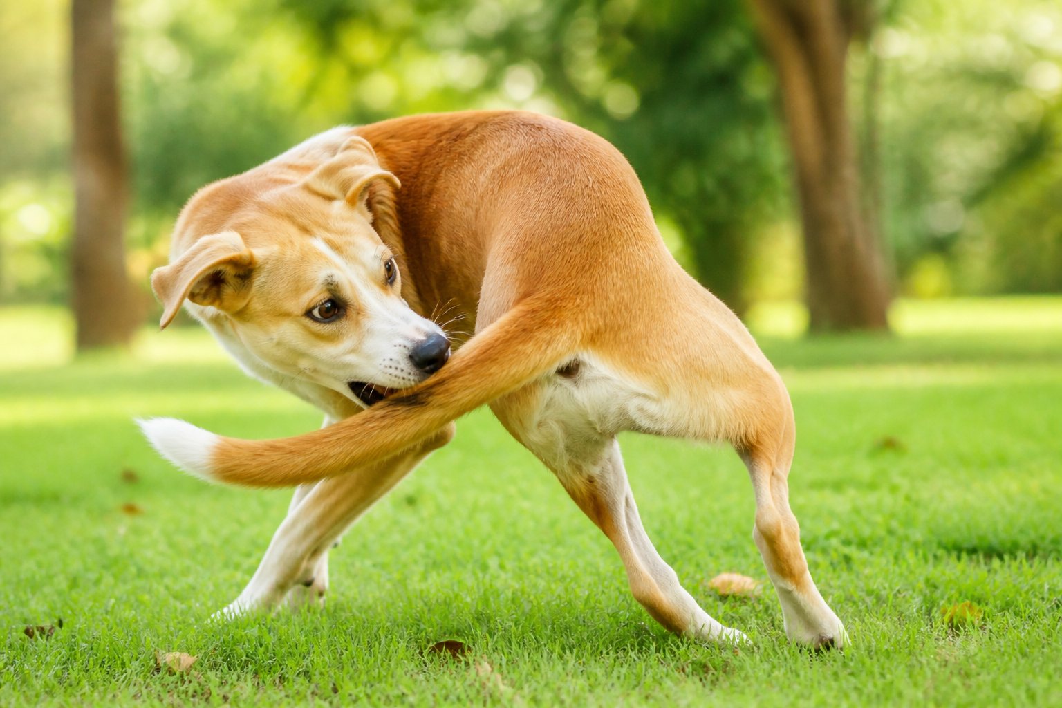 A dog outdoors chasing its tail in a green park.