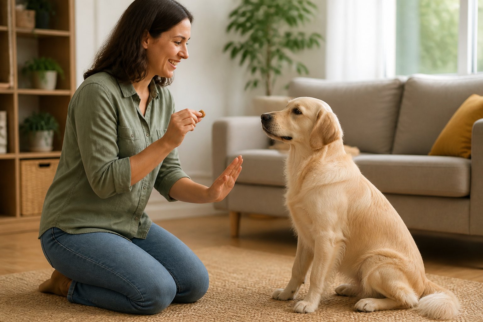 A woman calmly training a dog to stop barking in a bright living room.
