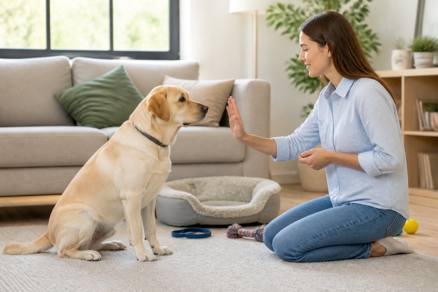 A calm dog sitting quietly indoors next to its owner who is using hand signals to train it to stop barking.