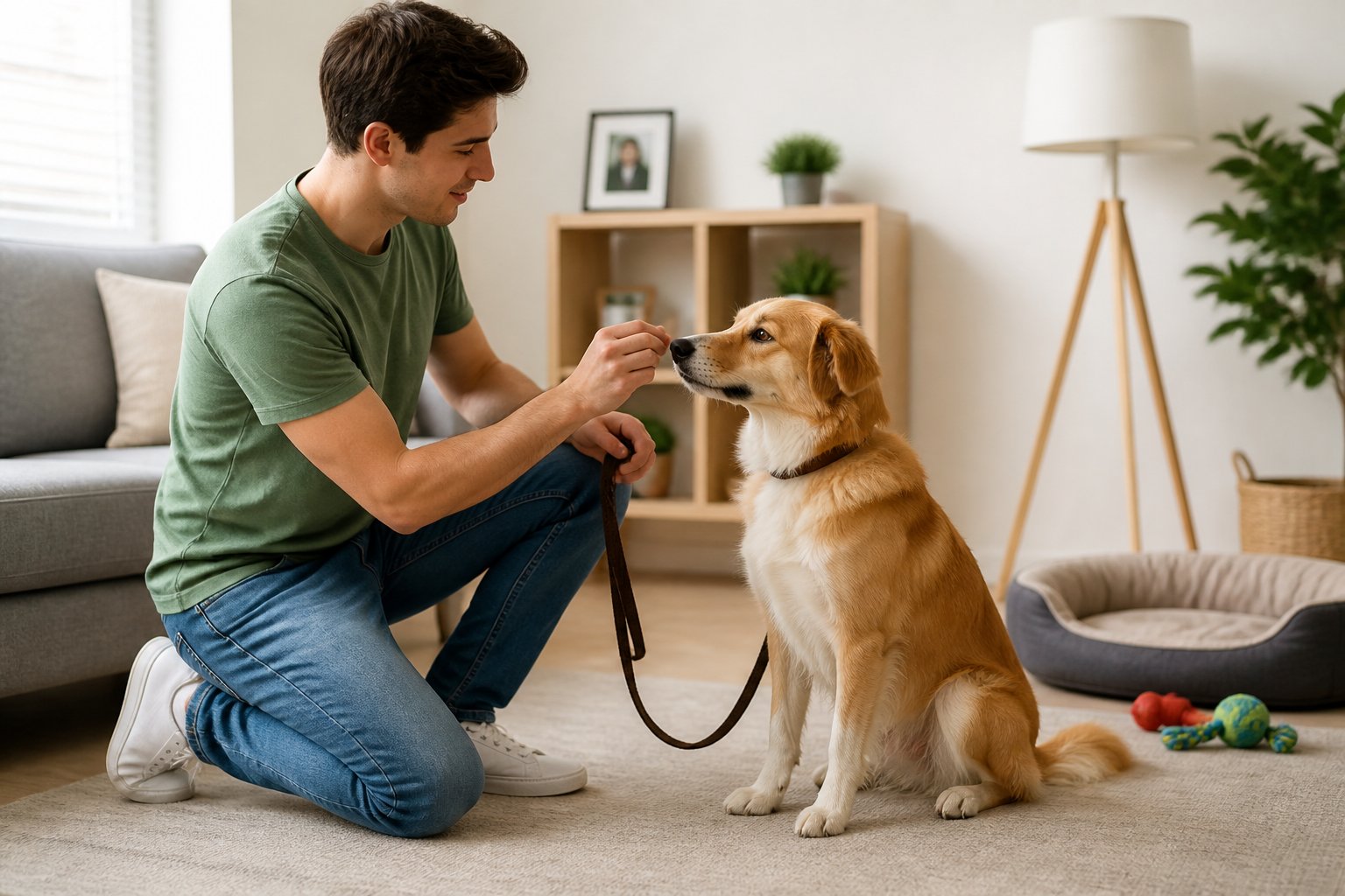A dog sitting calmly next to its owner who is offering a treat in a bright living room.
