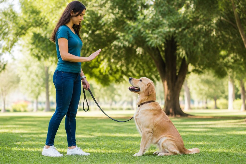 A person calmly holding a leash next to a quiet dog sitting on grass in a sunny park.