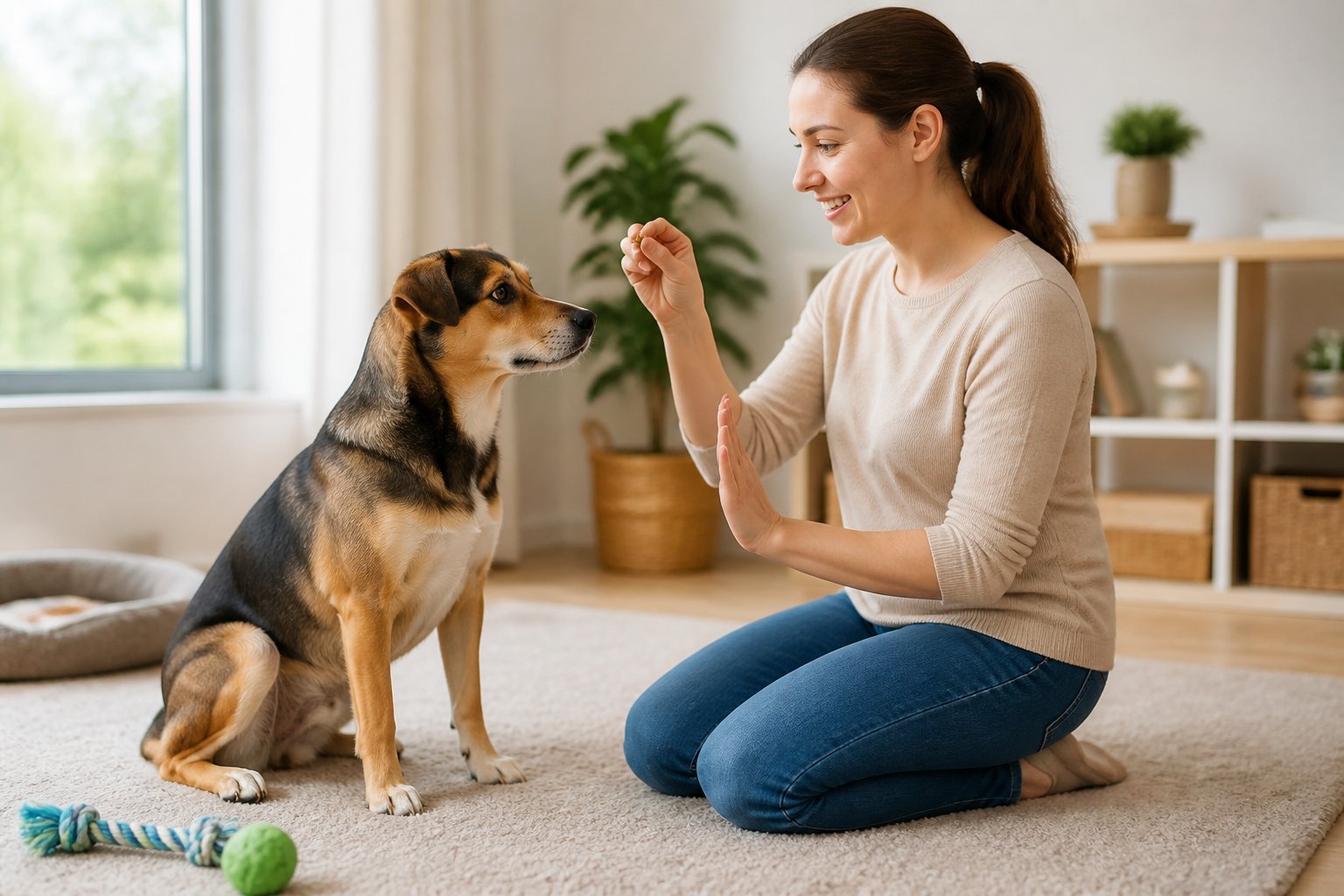 A person training a calm dog indoors using treats to encourage quiet behavior.