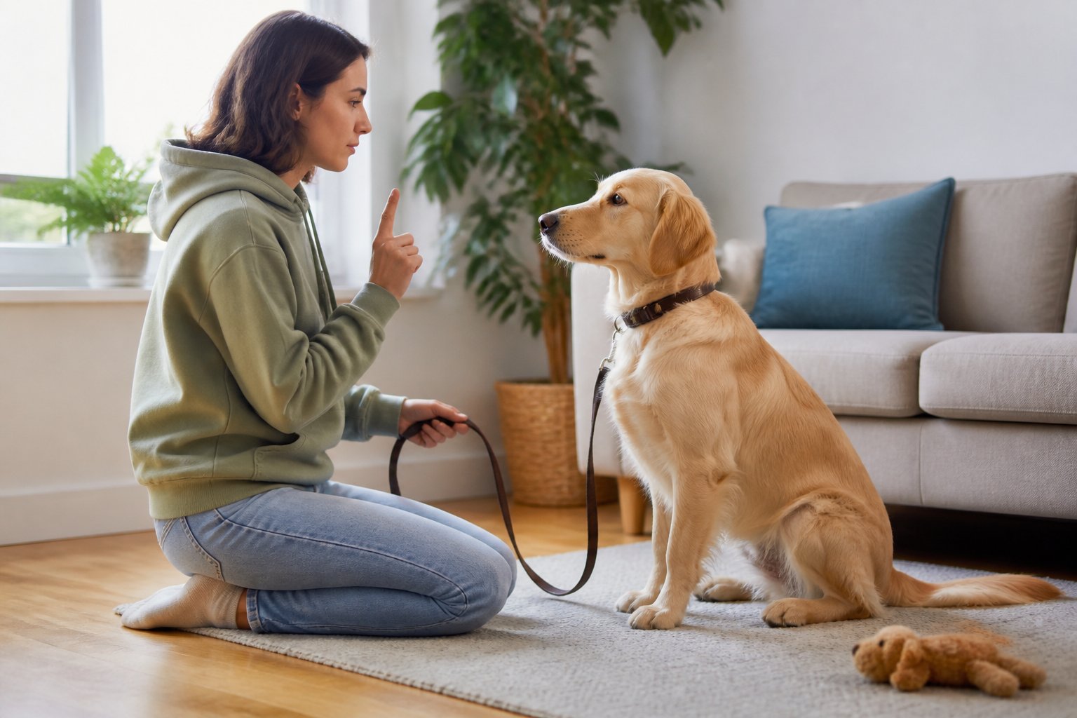 A person gently holding a calm dog on a leash indoors, signaling it to be quiet in a bright living room.