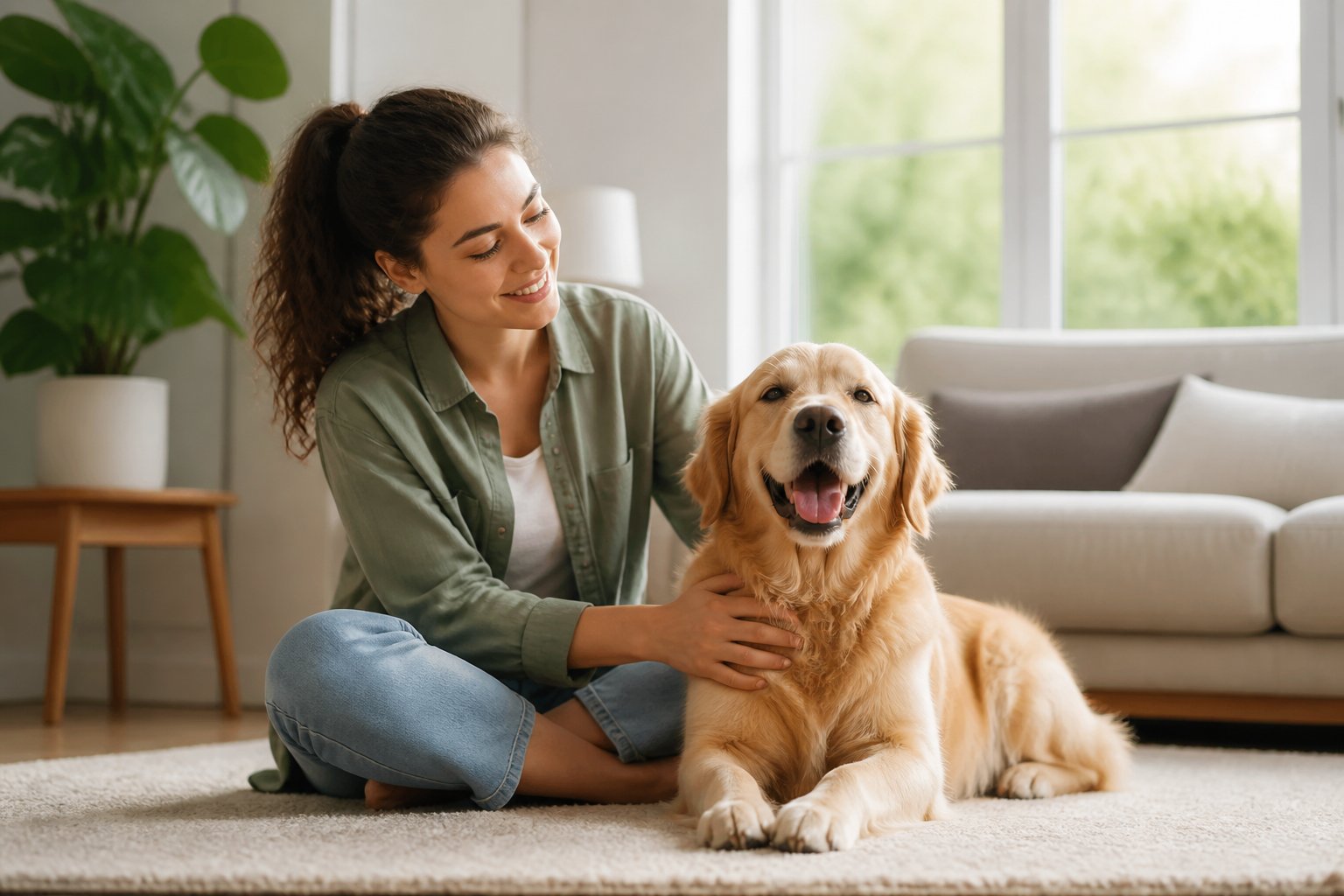 A person gently petting a calm dog sitting quietly in a bright living room.