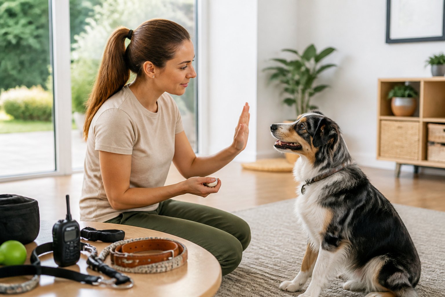A dog trainer calmly working with a medium-sized dog indoors using training tools to stop barking.
