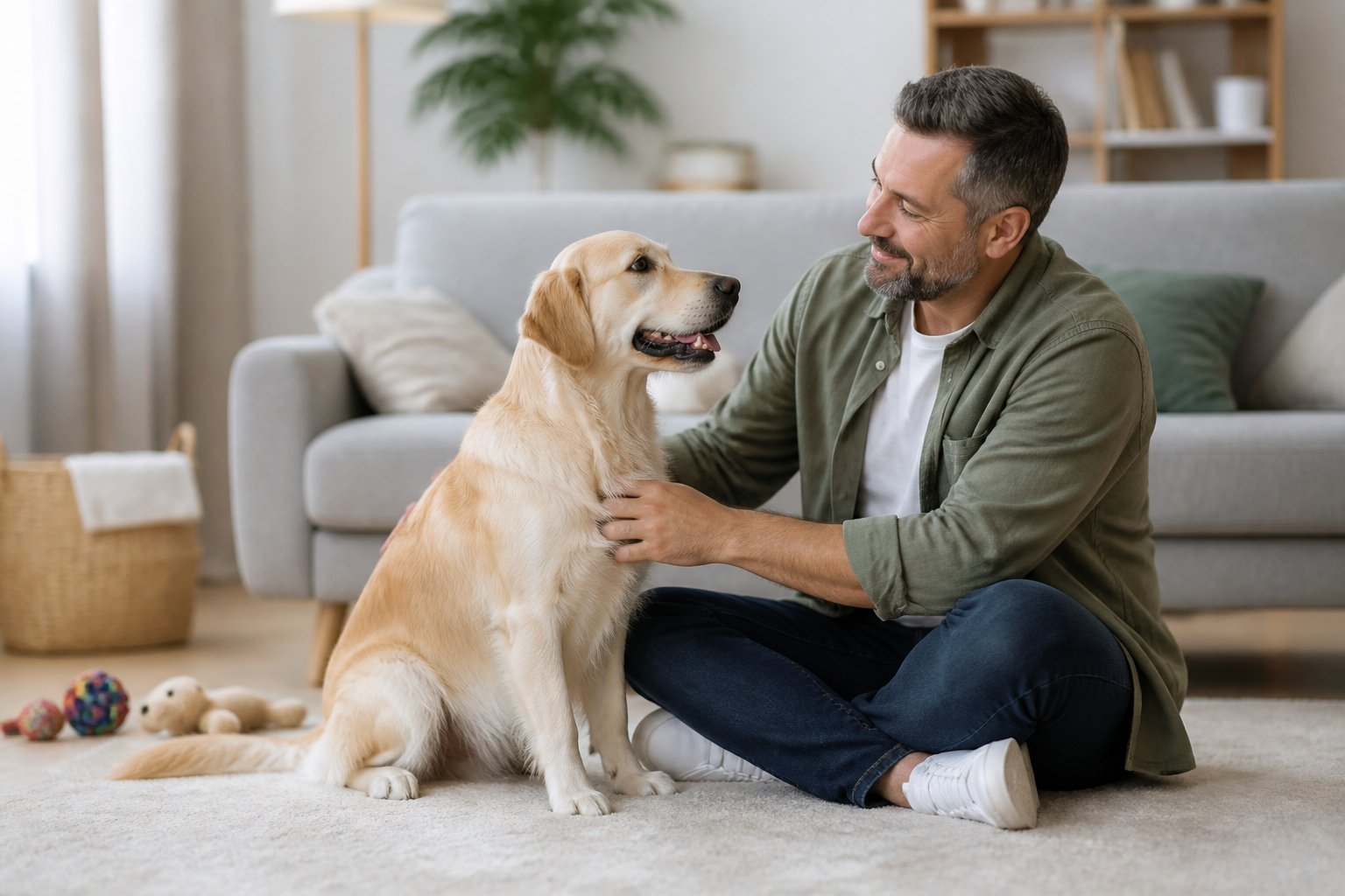 A person calmly petting a quiet dog sitting indoors in a cozy living room.