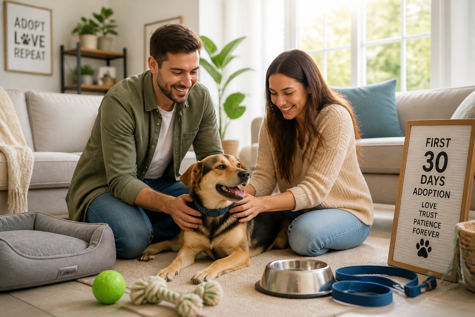 A young couple in their living room happily interacting with their newly adopted dog.