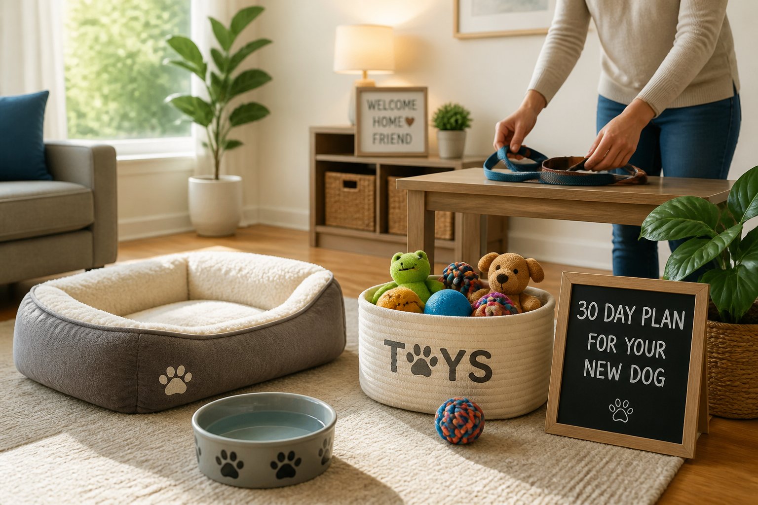 A cozy living room with a dog bed, water bowl, toys, and a person placing a leash on a table, ready for a new dog.