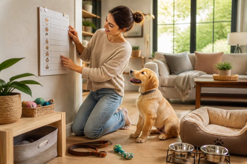 A woman setting up a routine chart on a wall while her golden retriever puppy sits beside her in a bright living room.