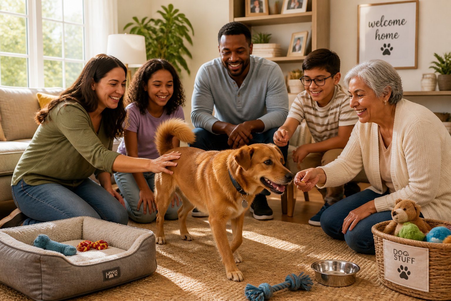 A family welcoming a newly adopted dog in a bright living room as the dog explores its new home.